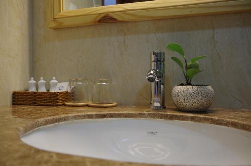 Un lavabo de baño con grifo y una planta. en Ngoc Chau Phu Quoc Hotel, en Phu Quoc