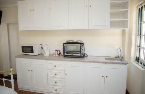 a kitchen counter with a microwave and a toaster oven at De Kothuize 4 in Graaff-Reinet