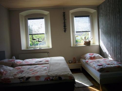 two beds in a bedroom with two windows at Ferienwohnung im alten Schulhaus - keine Monteure in Plech