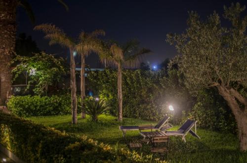 un parco con due panchine e palme di notte di B&B Villa Gaudium a Pompei