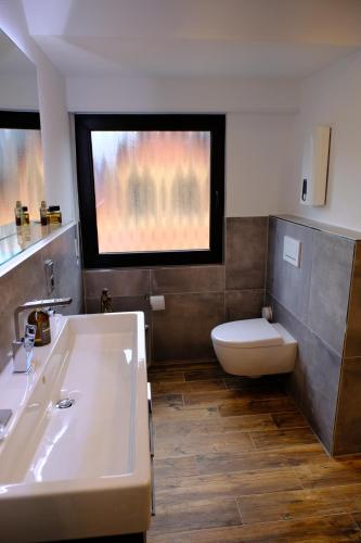 a bathroom with a sink and a toilet and a window at Domus Merian XII in Trier