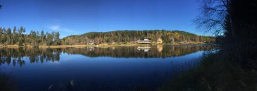 a lake with a house in the middle of a forest at Värdshuset Lugnet in Malung