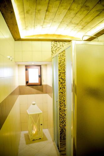 a small bathroom with a shower and a window at Anfiteatro Vlll in Canosa di Puglia