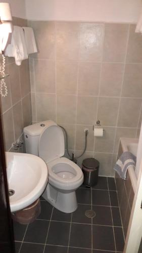 a bathroom with a white toilet and a sink at Daskalio Beach Hotel in Keratea