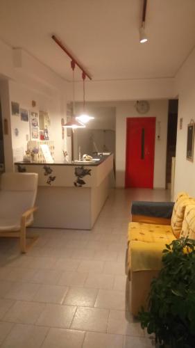 a large room with a kitchen and a red door at Hotel Aidipsos in Loutra Edipsou