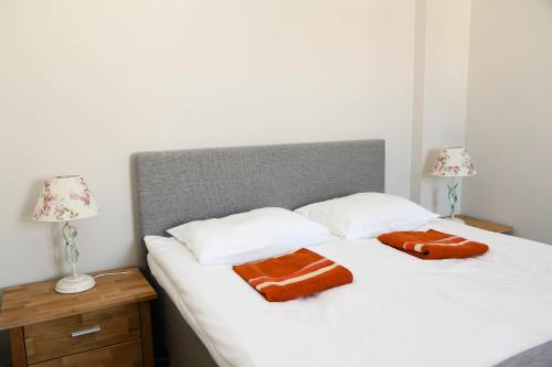 1 dormitorio con 1 cama con 2 almohadas y 2 lámparas en Qruut Apartments, en Pärnu