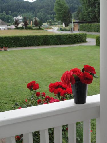 a vase of red flowers sitting on a white railing at Ferienwohnung Rogatsch in Sankt Kanzian