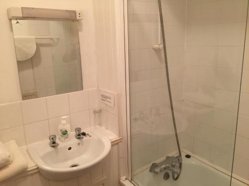 uma casa de banho com um lavatório e um chuveiro em The Dog Inn em Bristol