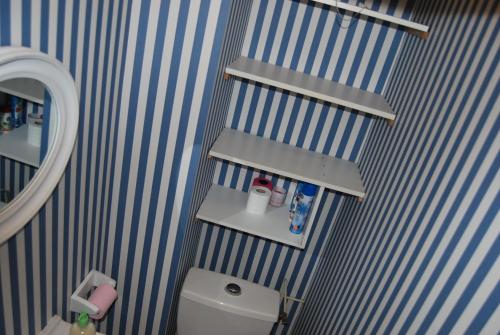 La salle de bains bleue et blanche est pourvue de toilettes et d'un miroir. dans l'établissement Appartement La Baule Plage, à La Baule