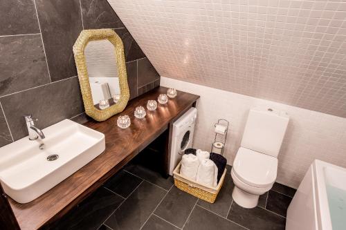 a bathroom with a sink and a toilet and a mirror at Studio på loftet i Sankt Olof in Sankt Olof