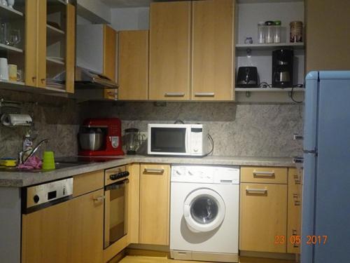 een keuken met een wasmachine en een magnetron bij Ferienwohnung am sonnigen Hang in Riedenburg