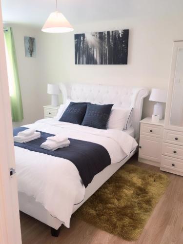 a bedroom with a large white bed with blue pillows at Charimore Executive Apartment in London