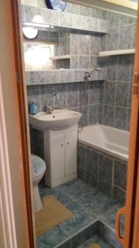a bathroom with a sink and a toilet and a tub at Judit nyaraló in Velence