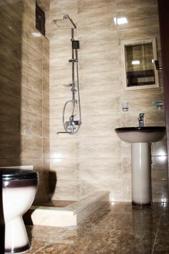 a bathroom with a toilet and a sink at Hotel New Telavi in Tʼelavi