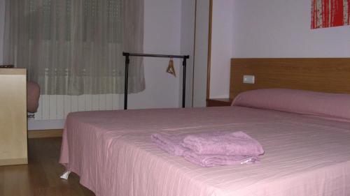 a bedroom with a bed with a pink towel on it at Caminito ARG in La Bañeza