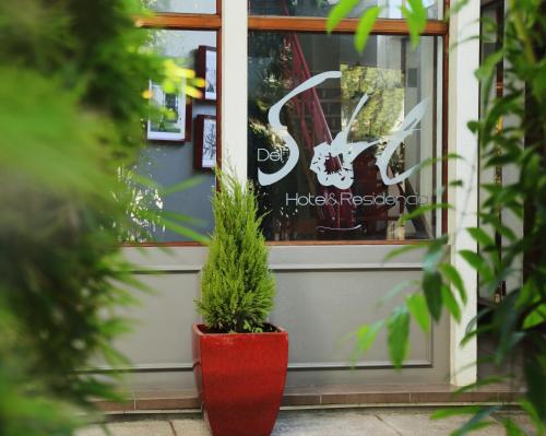 a plant in a red pot in front of a window at Hotel Residencia del Sol in Guatemala