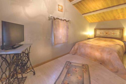 Un dormitorio con una cama, un escritorio y un televisor. en La Champillaumiere, en Champeix
