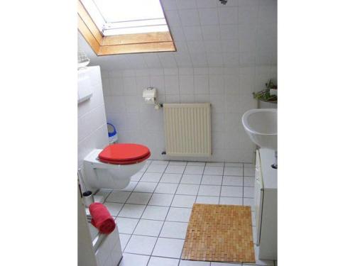 baño con aseo rojo y lavamanos en Ferienwohnung-Geist, en Bentwisch