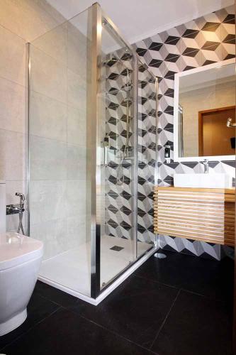 a bathroom with a shower and a toilet and a sink at Quinta Casal De Vila Pouca in Cinfães