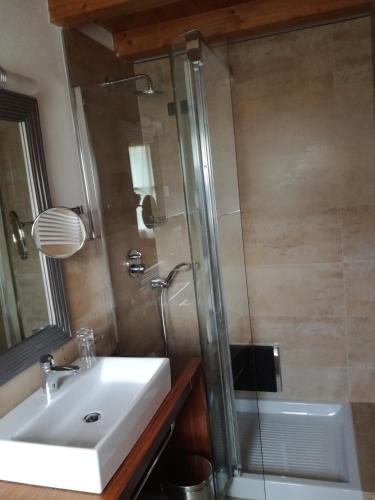 a bathroom with a sink and a shower at Hotel Bait de Angial in Livigno