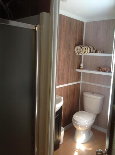a small bathroom with a toilet and a sink at Les appartement 4 saisons des iles in Saint-Gédéon