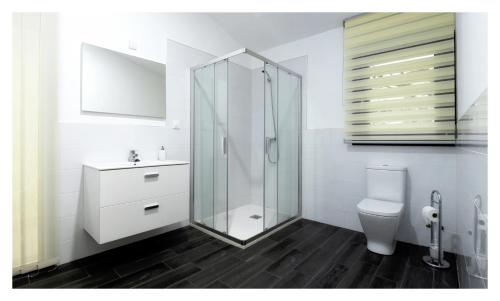 a bathroom with a toilet and a glass shower at Eco House Tavilo in Outes