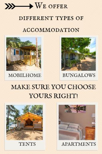 a collage of pictures of different types of accommodation at Camping Bungalows El Far in Calella