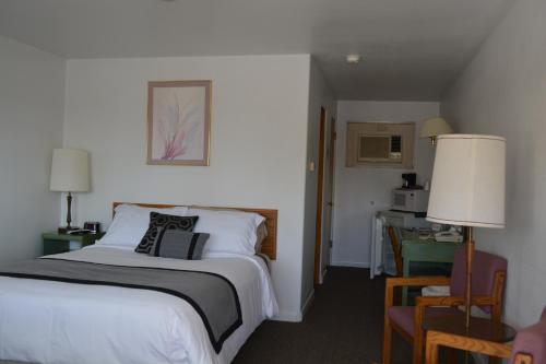 Habitación de hotel con cama, mesa y escritorio. en Sage Motel en Newcastle