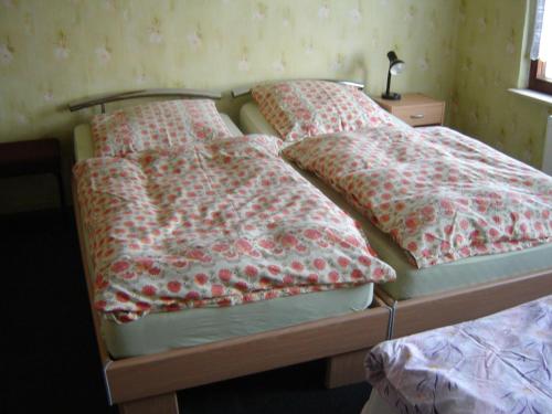 HartmannsdorfにあるZimmervermietung-Heide-Fiegeのベッドルームに枕付きのベッド2台が備わります。