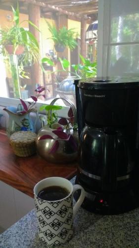 a coffee maker and a cup of coffee on a counter at Casa Tzalam Tulum selva in Tulum
