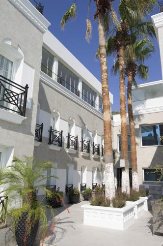 a building with palm trees in front of it at Ena Boutique Hotel & Residences in Bodrum City