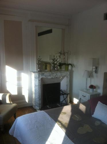 a living room with a fireplace and a mirror at O Mylle Douceurs in Le Crotoy
