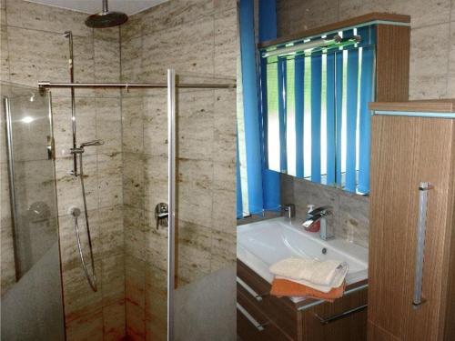 a bathroom with a glass shower and a sink at Wohnung-1 in Mardorf