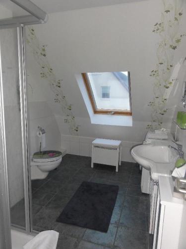 a bathroom with a toilet and a sink and a shower at Fewo-Kroeger in Lancken-Granitz