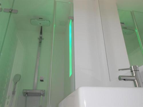 a shower in a bathroom with a sink and a mirror at Haus-LIV-Appartement-Duene in Westerland