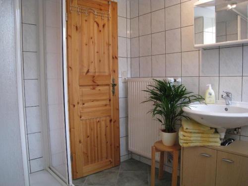 a bathroom with a sink and a wooden door at Ferienwohnung-3 in Hermsdorf
