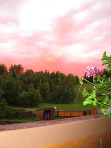 a train on the tracks with a sunset in the background at Klausgupf in Neureichenau