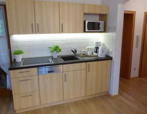 a kitchen with a sink and a microwave at Landhaus-Haid-Fewo-Enzian in Schönau am Königssee