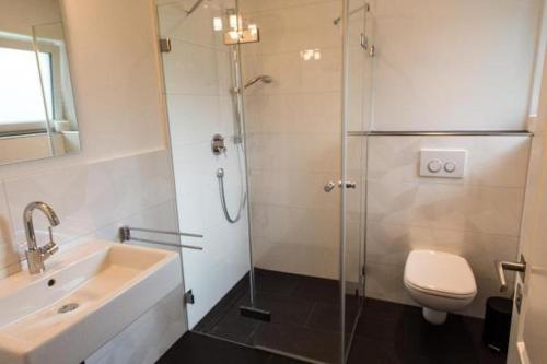 a bathroom with a shower and a toilet and a sink at Strandlaeufer-Landhaus-Tadsen in Westerland (Sylt)