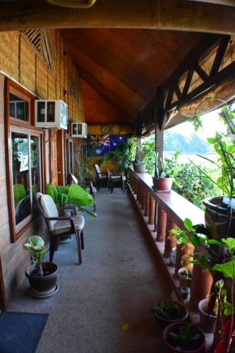- une terrasse couverte avec un bouquet de plantes en pot dans l'établissement Captngreggs Dive Resort, à Puerto Galera