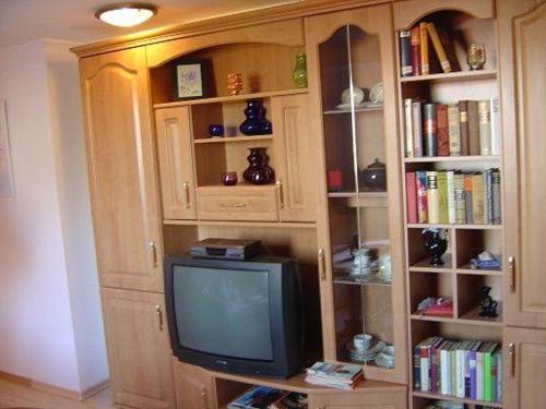 TV en un centro de entretenimiento de madera con libros en Ferienwohnung-Domsuehl, en Domsühl