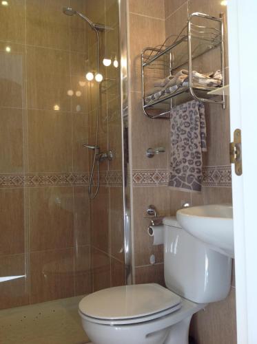 łazienka z toaletą, umywalką i prysznicem w obiekcie 2 Bed penthouse, rooftop terrace, panoramic views w mieście Mijas