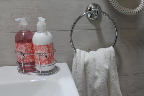 a towel holder with a bottle of soap and a detergent at Pedieos Guest House in North Nicosia