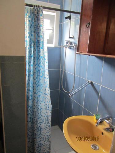 a bathroom with a shower curtain and a sink at Holiday Home Idyllic Cottage in Čanj