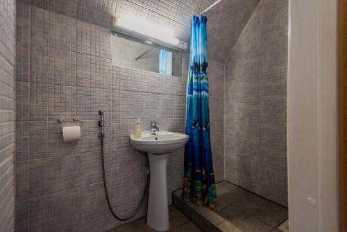 a bathroom with a sink and a shower curtain at Lubja Holiday House in Pärnu