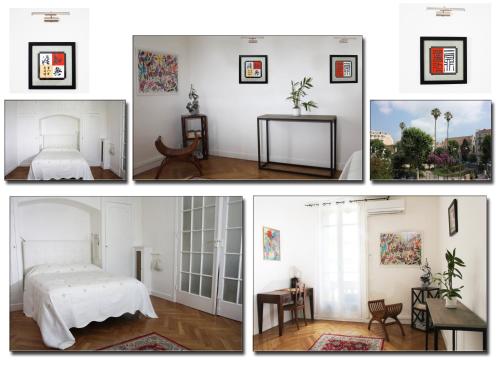 a collage of four pictures of a bedroom at Appartement Square Alziary in Nice