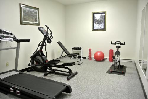 a gym with two exercise bikes and a treadmill at Ramada by Wyndham Strasburg - Shenandoah Valley in Strasburg