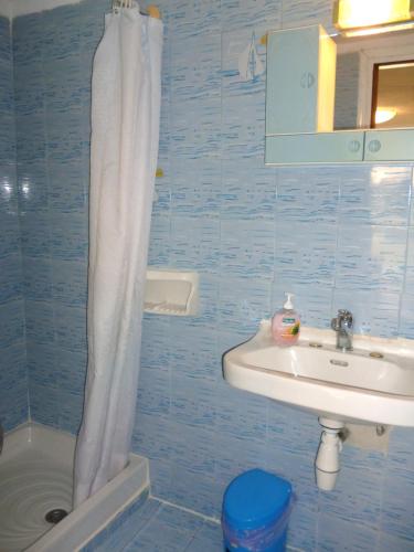 a bathroom with a sink and a shower curtain at Apartments Giannis Corfu in Agios Georgios Pagon