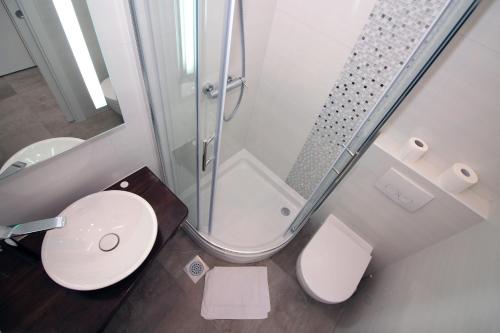 a bathroom with a shower and a toilet and a sink at Apartments Antonio in Tisno
