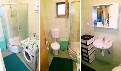two pictures of a bathroom with a sink and a toilet at Eko Apartment Sarajevo in Sarajevo